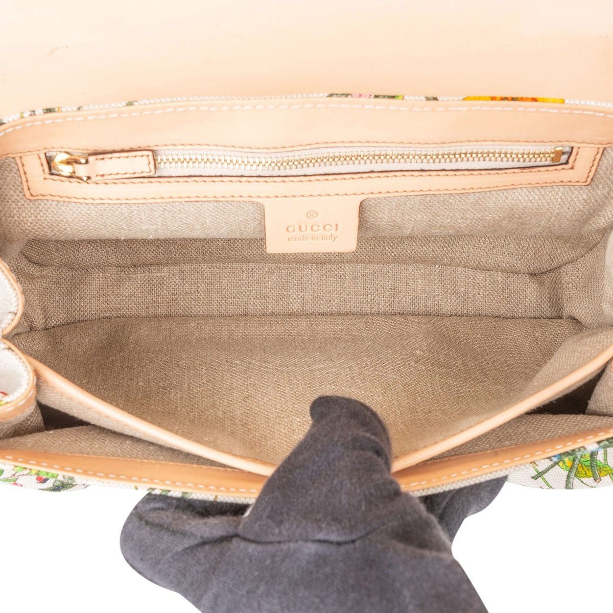 Gucci Rose Leather Flora Print Canvas Bamboo Top Handle Handbag