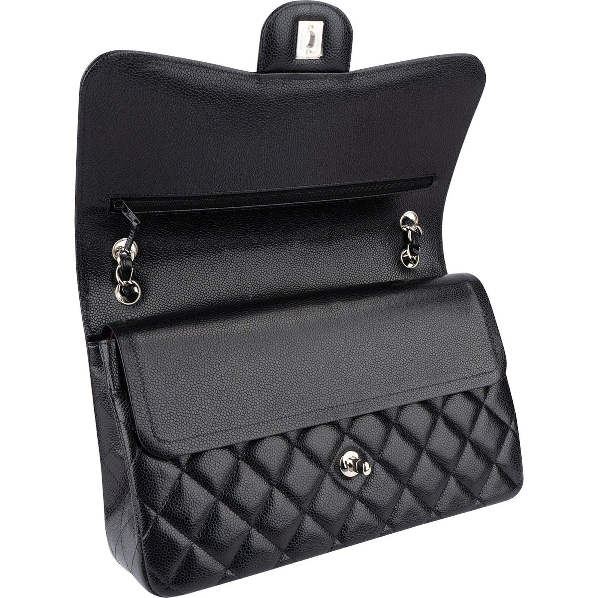 Chanel Quilted Caviar Leather Palladium Jumbo Double Flap Crossbody Bag