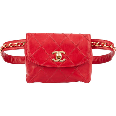 Chanel Red Quilted Stitched Lambskin Vintage CC Belt Crossbody Bag