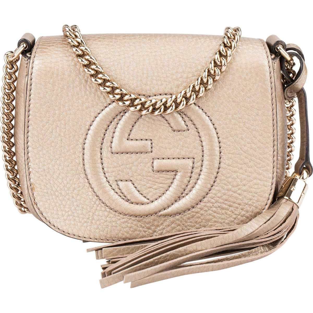 Gucci Soho Mini Saddle aus genarbtem Metallic-Leder – Vorderansicht