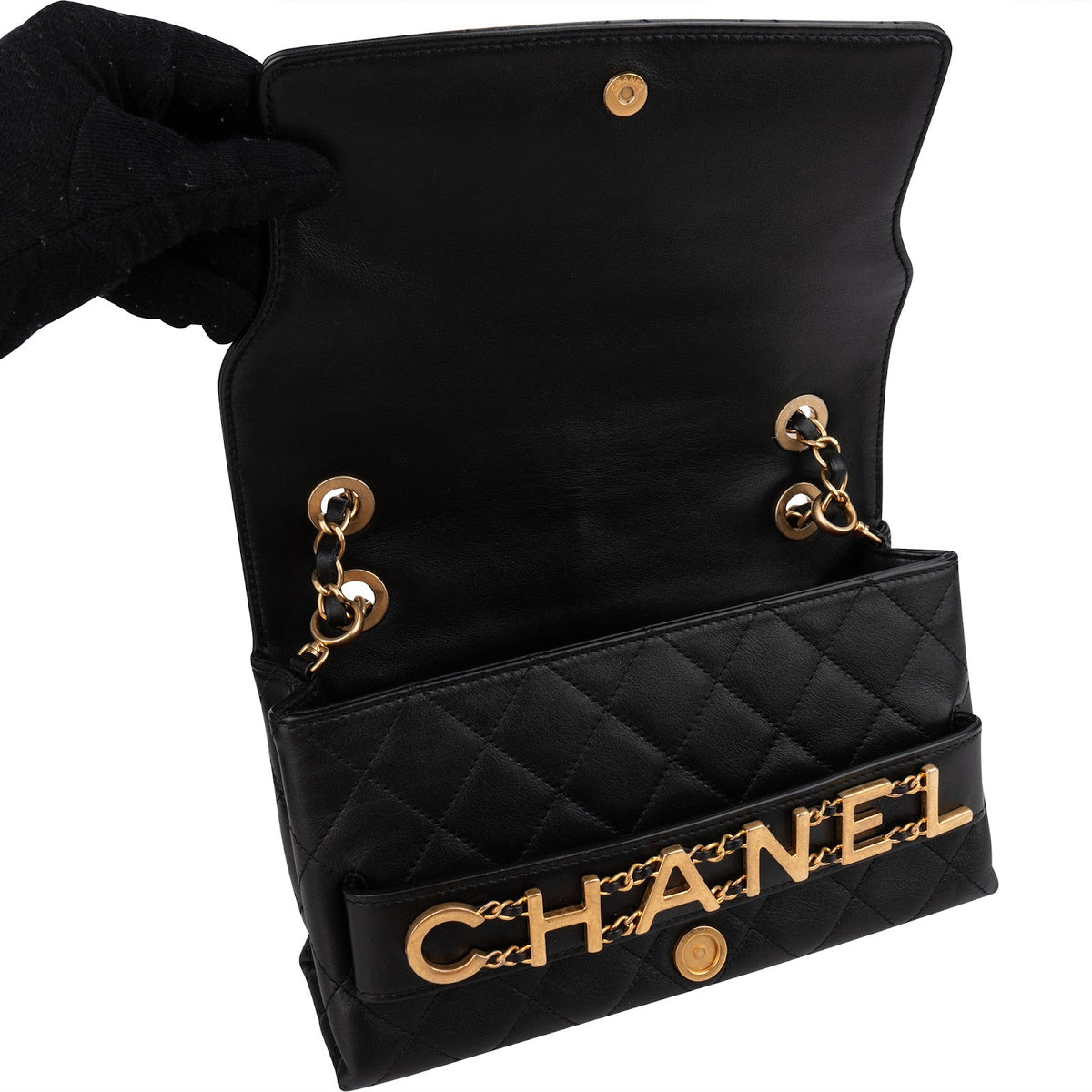 Chanel Quilted Lambskin Chain Spellout Letters Single Flap Crossbody Bag