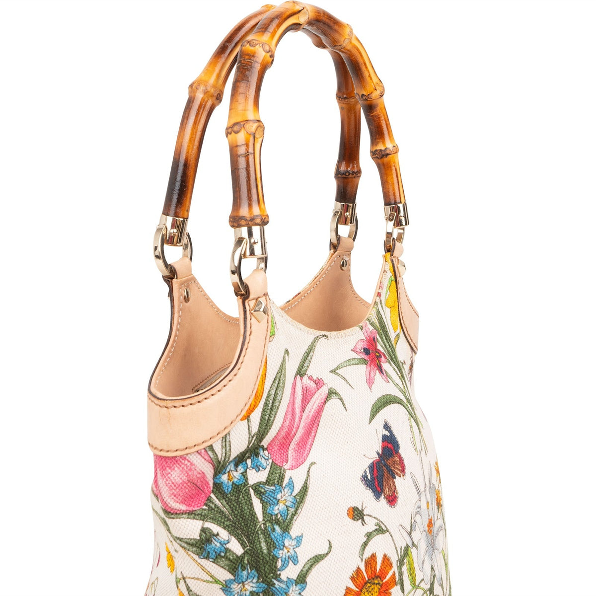Gucci Floral Print Canvas Bamboo Handle Tote Shoulder Bag