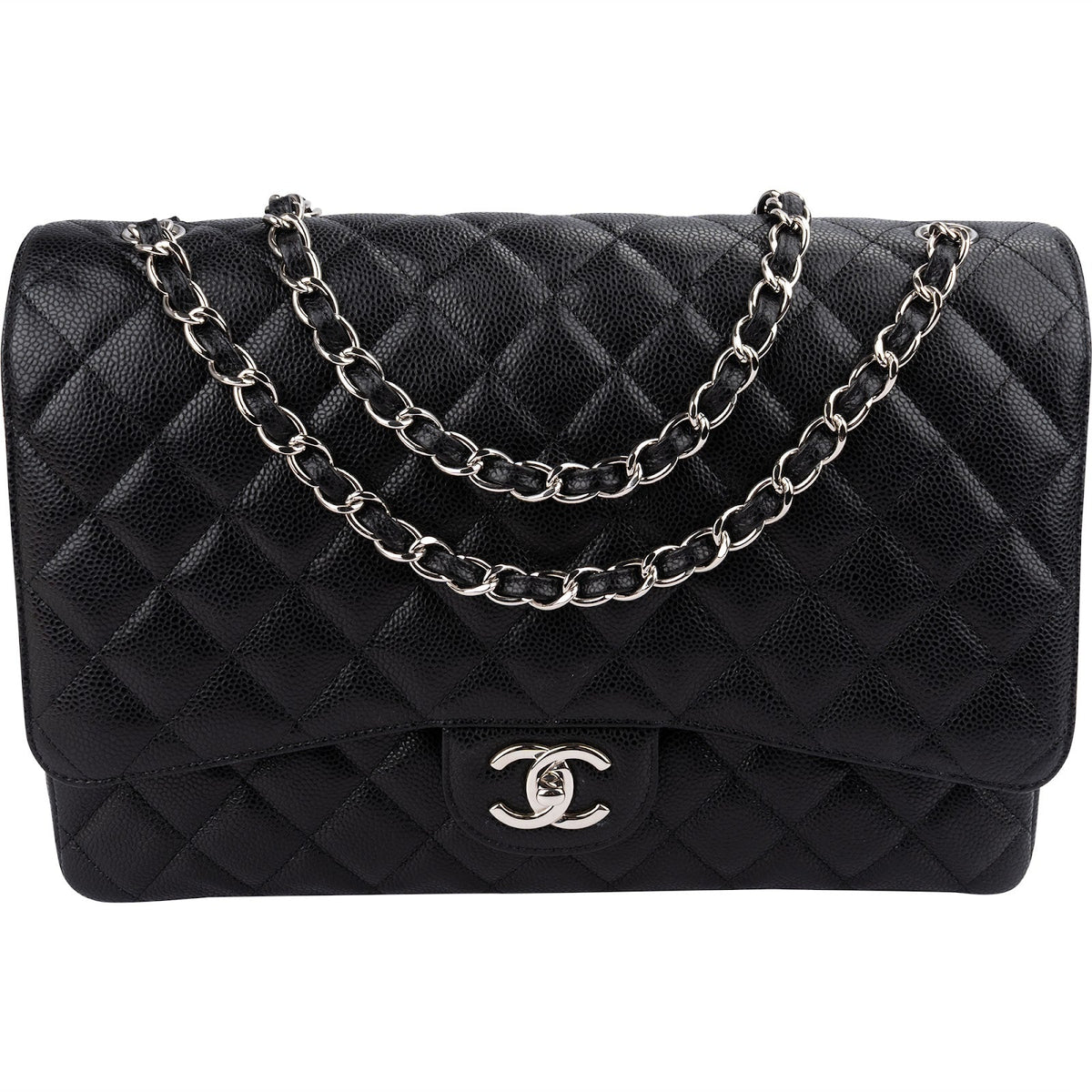 Chanel Quilted Caviar Leather Palladium Maxi Double Flap Crossbody Bag