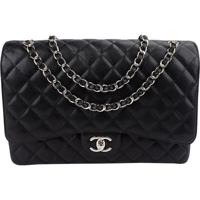 Chanel Quilted Caviar Leather Palladium Maxi Double Flap Crossbody Bag