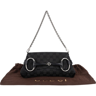 Gucci Monogram GG Black Horsebit Chain Pochette  Handbag