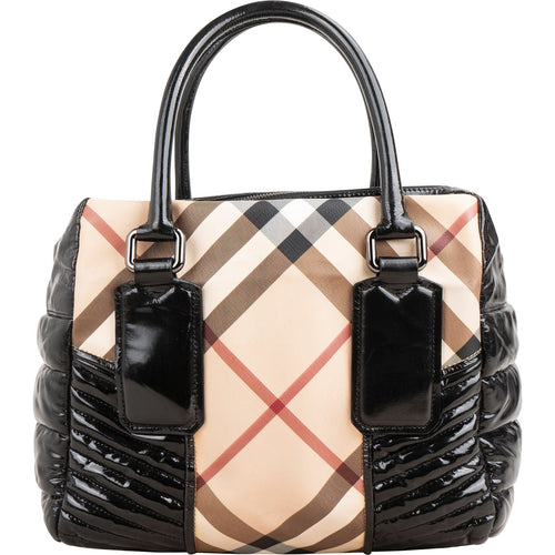 Burberry Quilted Patent Leather Heymarket Check Tote Shoulder Bag