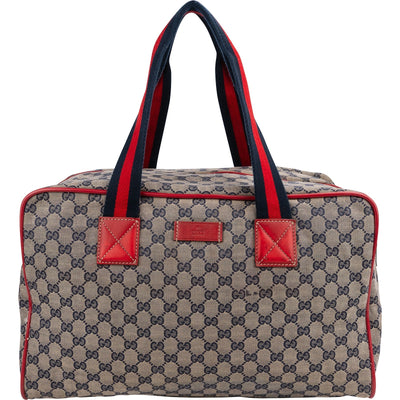 Gucci Monogram GG Plus Canvas Web Stripe Boston 40 Handbag