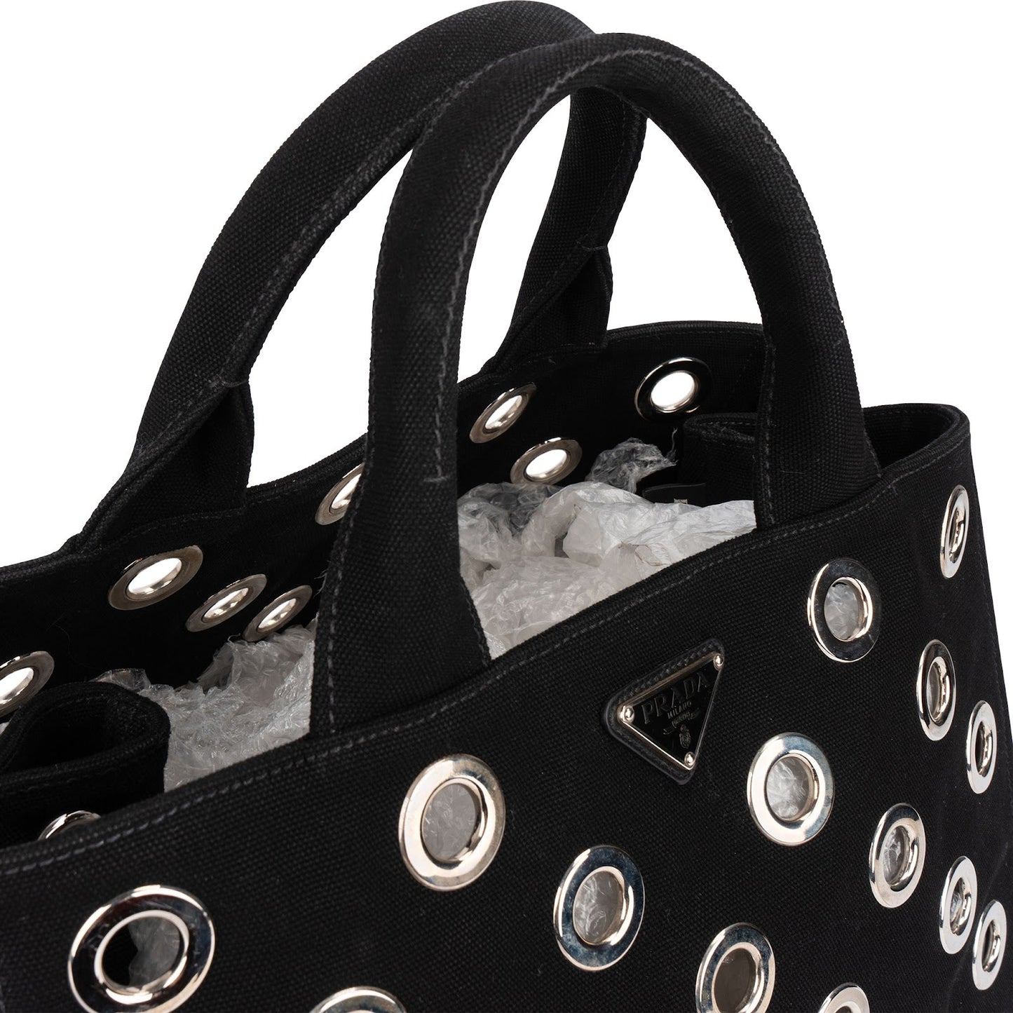 Prada Triangle Perforated Grommet Canapa Handbag