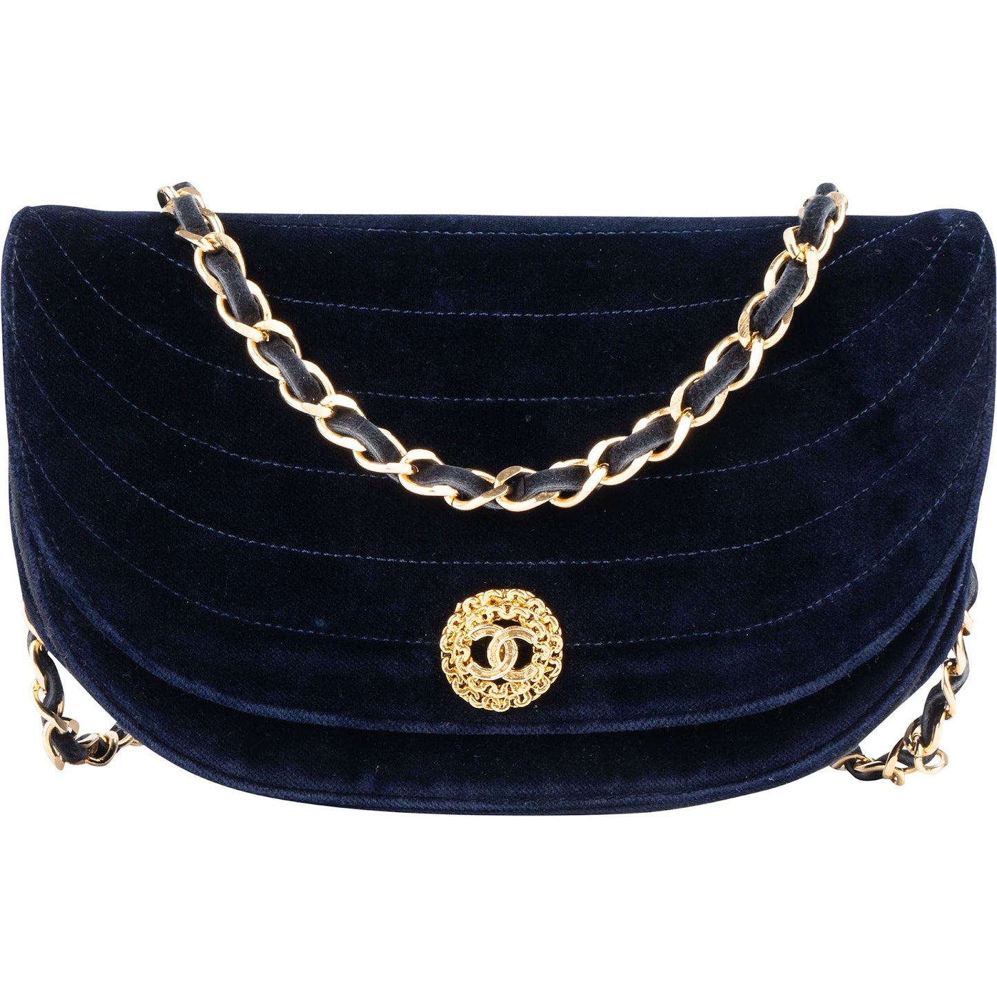 Chanel Chevron Velvet Half Moon Single Flap Crossbody Bag