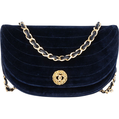 Chanel Chevron Velvet Half Moon Single Flap Crossbody Bag