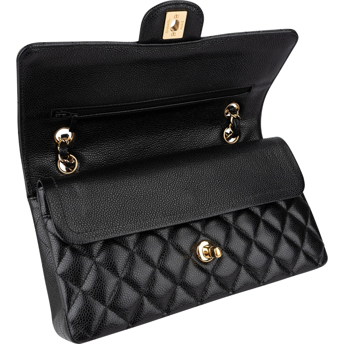 Chanel Quilted Caviar Leather Gold Medium Double Flap Crossbody Bag