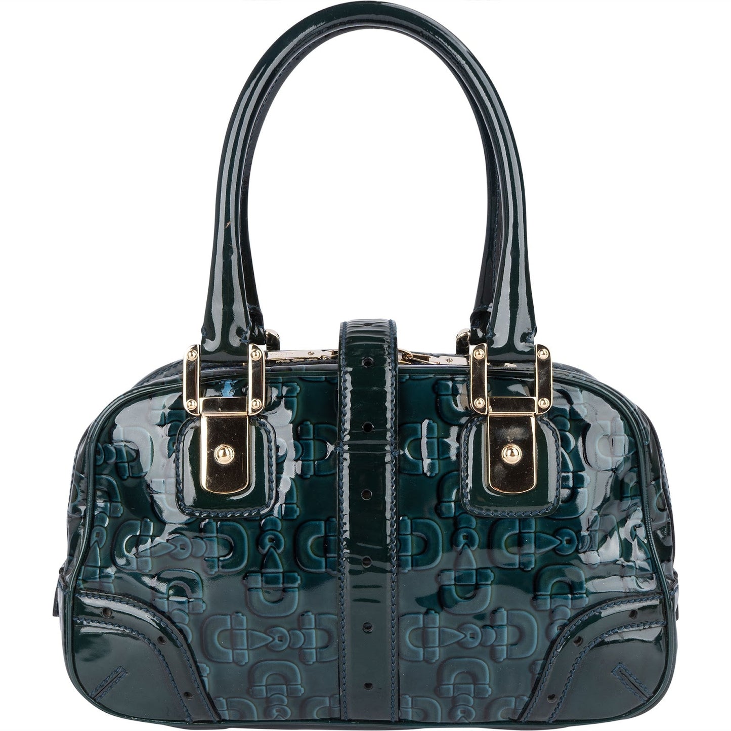 Gucci Monogram Patent Leather Horsebit Boston Handbag