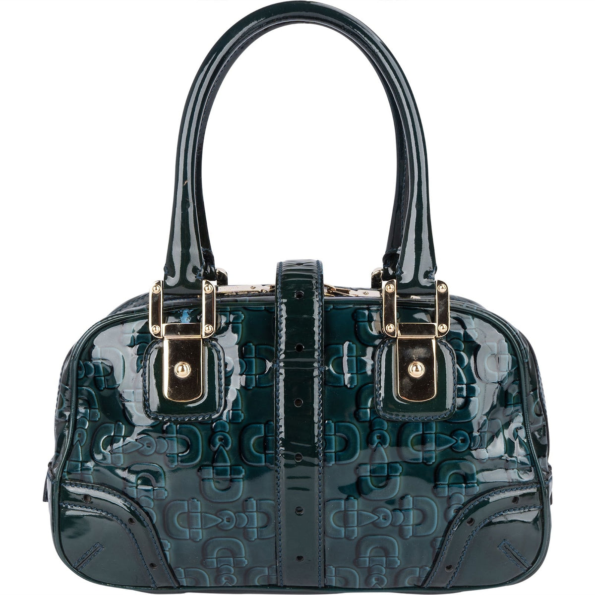 Gucci Monogram Patent Leather Horsebit Boston Handbag