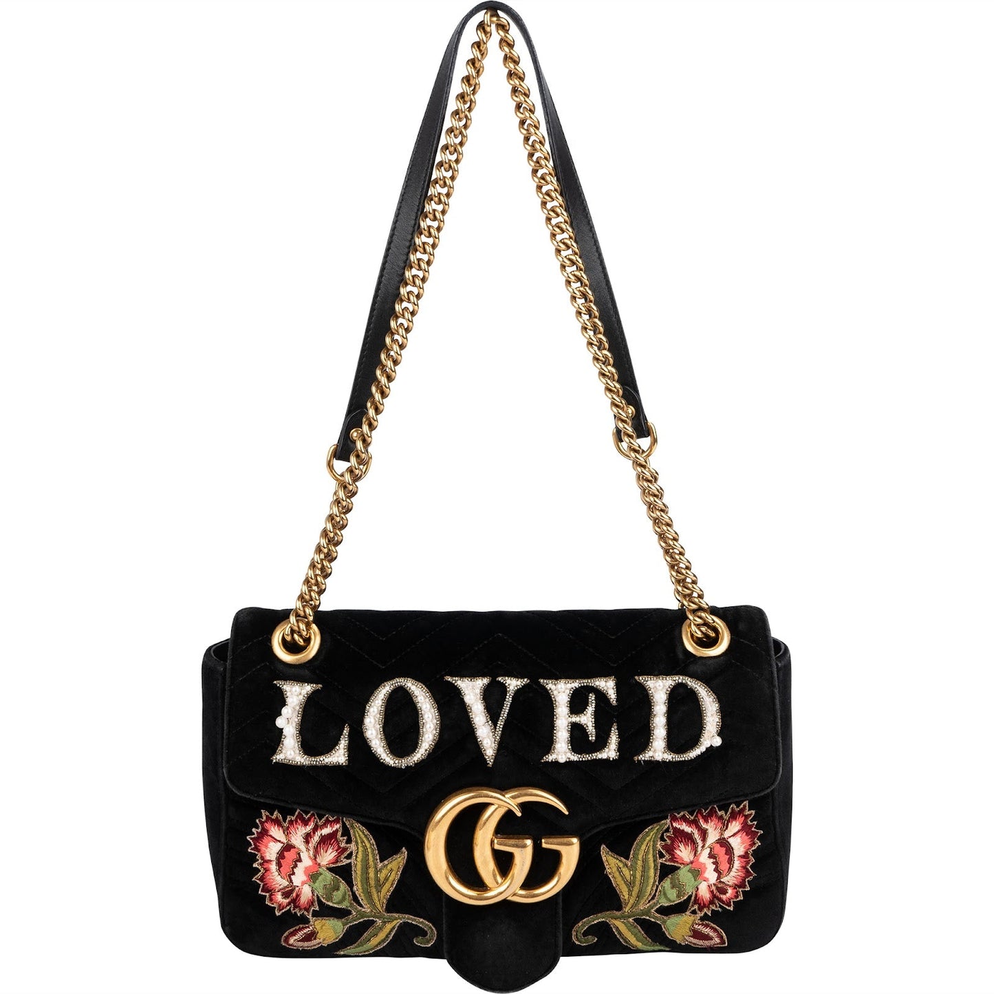 Gucci Monogram Velvet Small GG Marmont 'Loved' Embroidered Shoulder Crossbody Bag