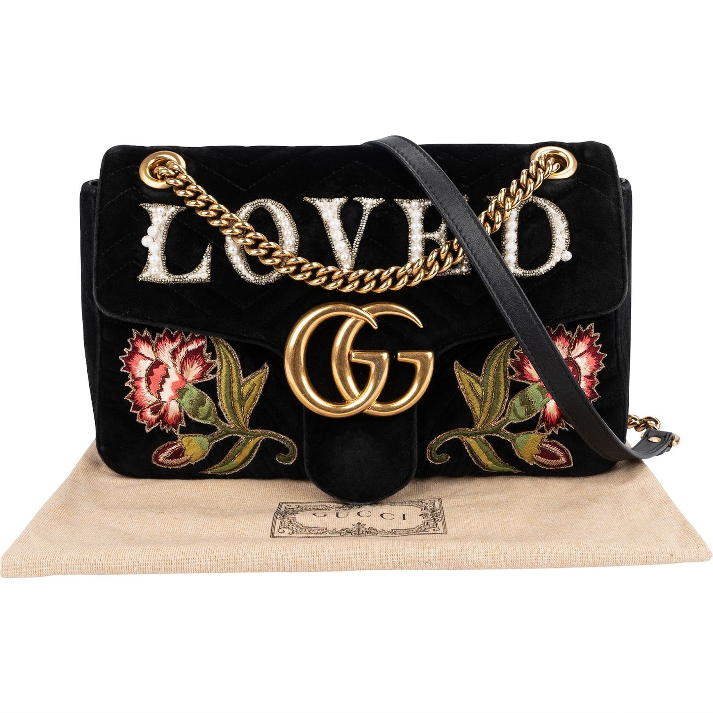 Gucci Monogram Velvet Small GG Marmont 'Loved' Embroidered Shoulder Crossbody Bag