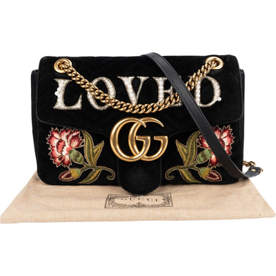 Gucci Monogram Velvet Small GG Marmont 'Loved' Embroidered Shoulder Crossbody Bag