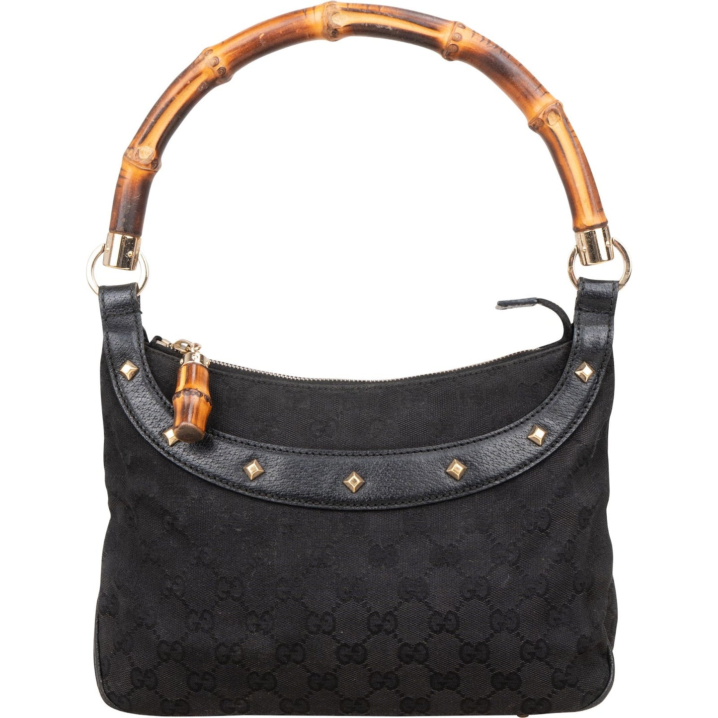 Gucci Black Monogram  GG  Bamboo Studded Hobo Handbag