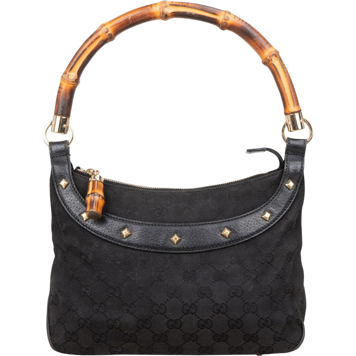 Gucci Black Monogram  GG  Bamboo Studded Hobo Handbag