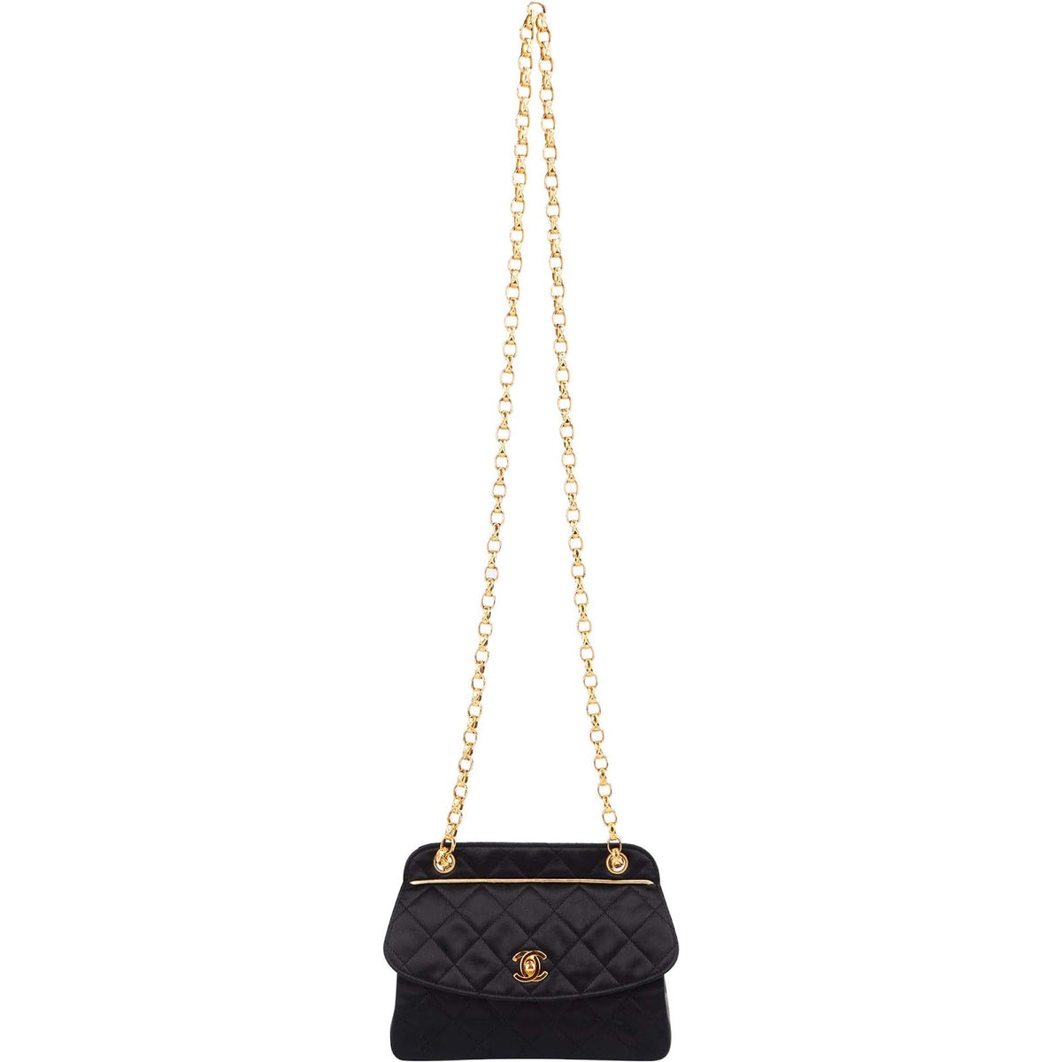 Chanel Navy Quilted Satin Top Bar 24K Gold Single Flap Small Crossbody Bag