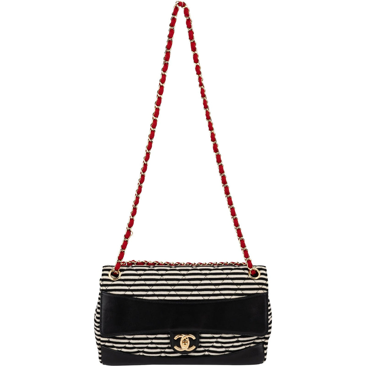 Chanel Striped Cotton Leather Single Flap Crossbody Bag
