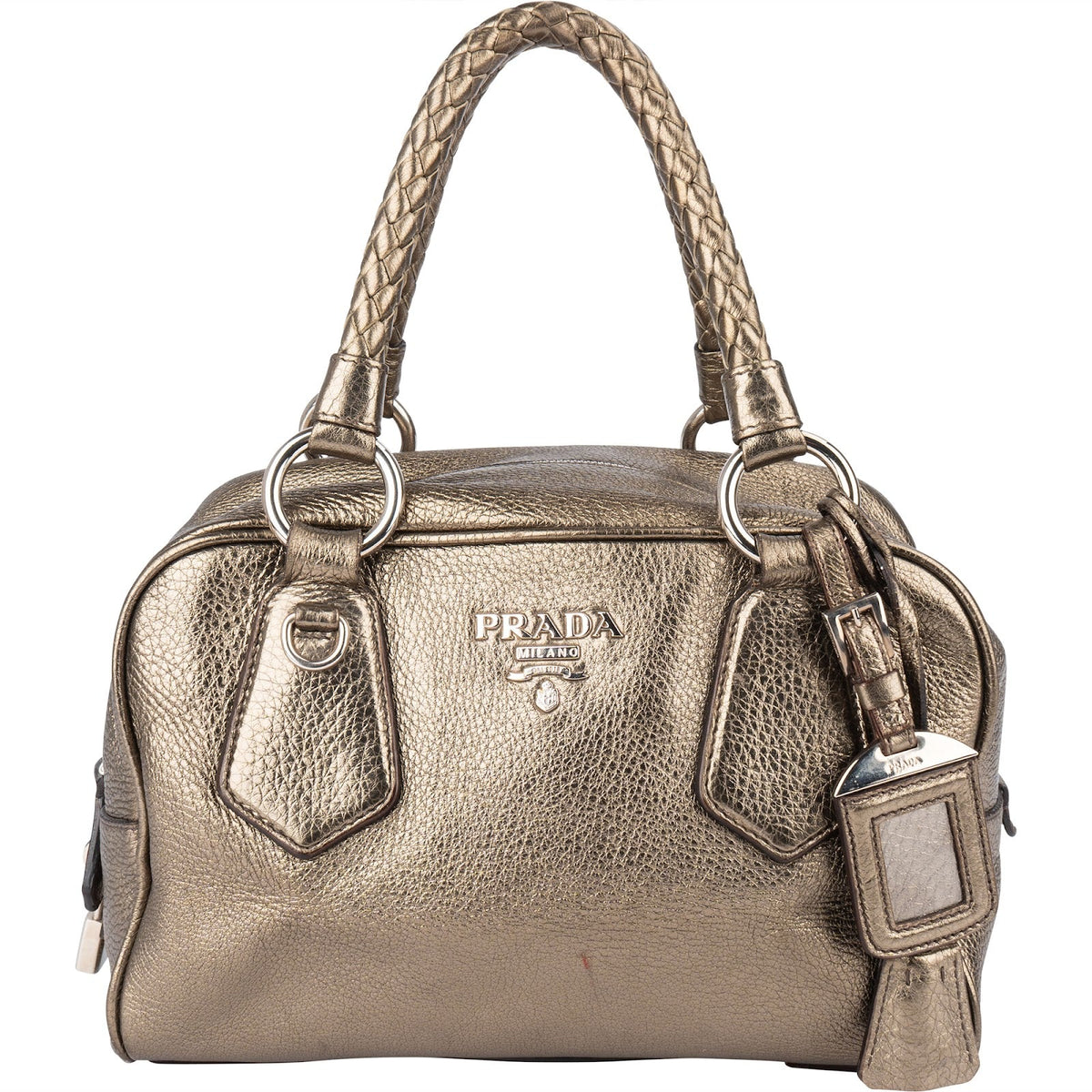 Prada Metallic Pebbled Leather Bauletto Handbag