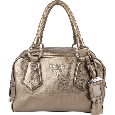 Prada Metallic Pebbled Leather Bauletto Handbag