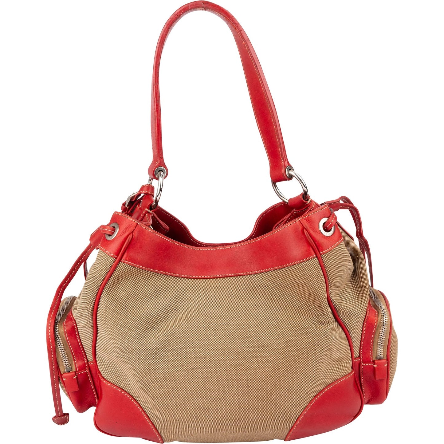 Prada Canvas Emblem Side Drawstring Pocket Shoulder Bag