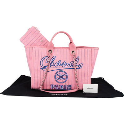Chanel Canvas Pinstripe Baseball Bicolor Deauville Tote Shopper Shoulder Bag