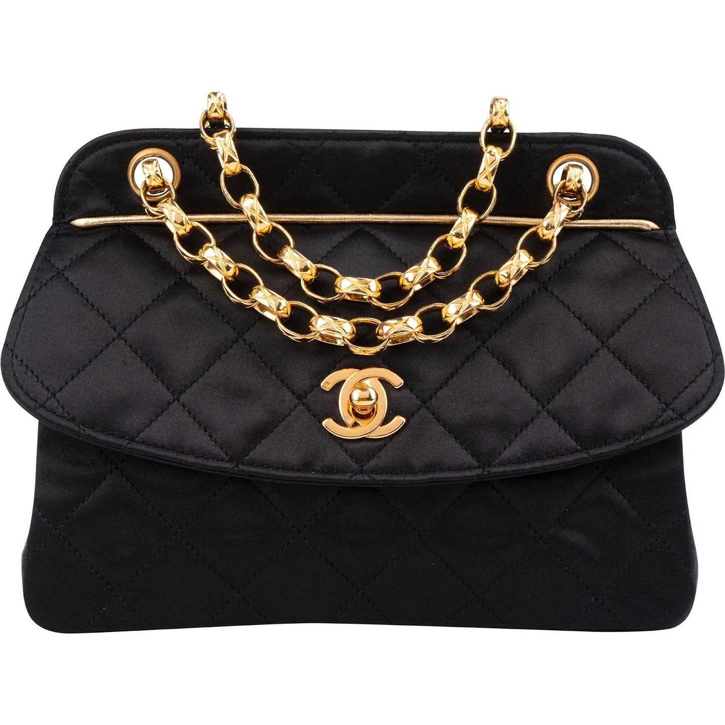 Chanel Navy Quilted Satin Top Bar 24K Gold Single Flap Small Crossbody Bag