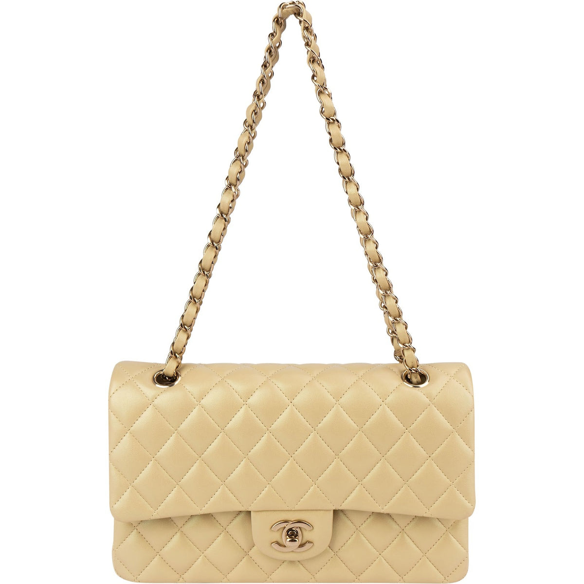 Chanel Gold Shimmering Quilted Lambskin Medium Double Flap Shoulder Bag