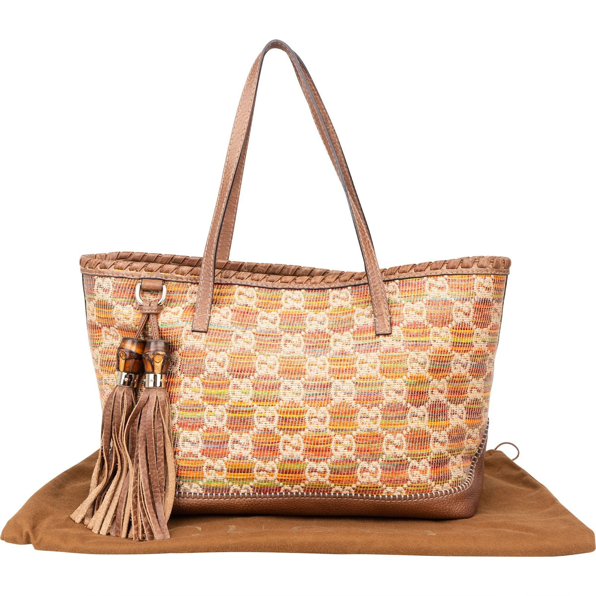 Gucci Monogram Multicolor Raffia and Leather GG Bamboo Tassel Tote Shoulder Bag