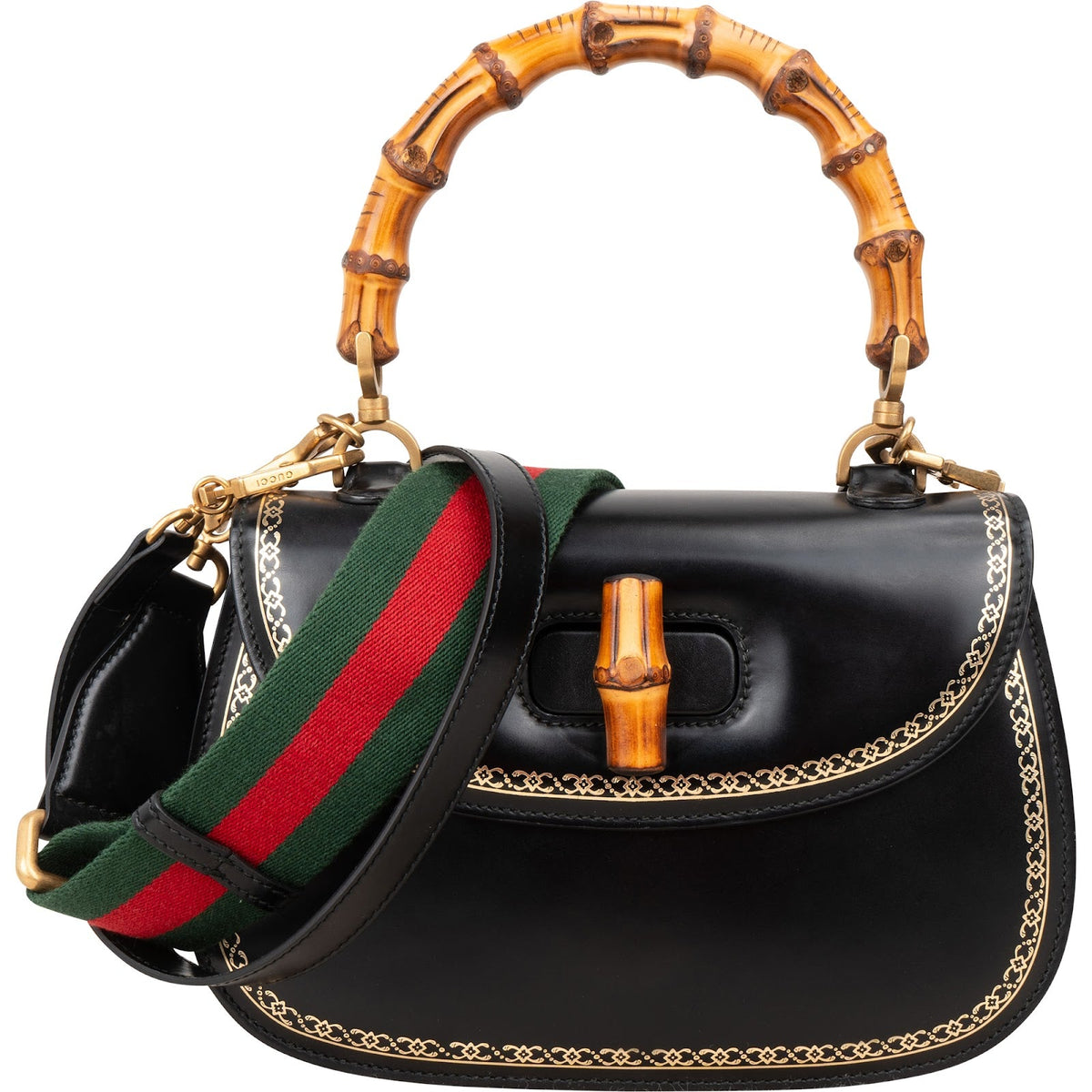 Gucci Black Leather Monogram Bamboo Top Handle 1947 Handbag