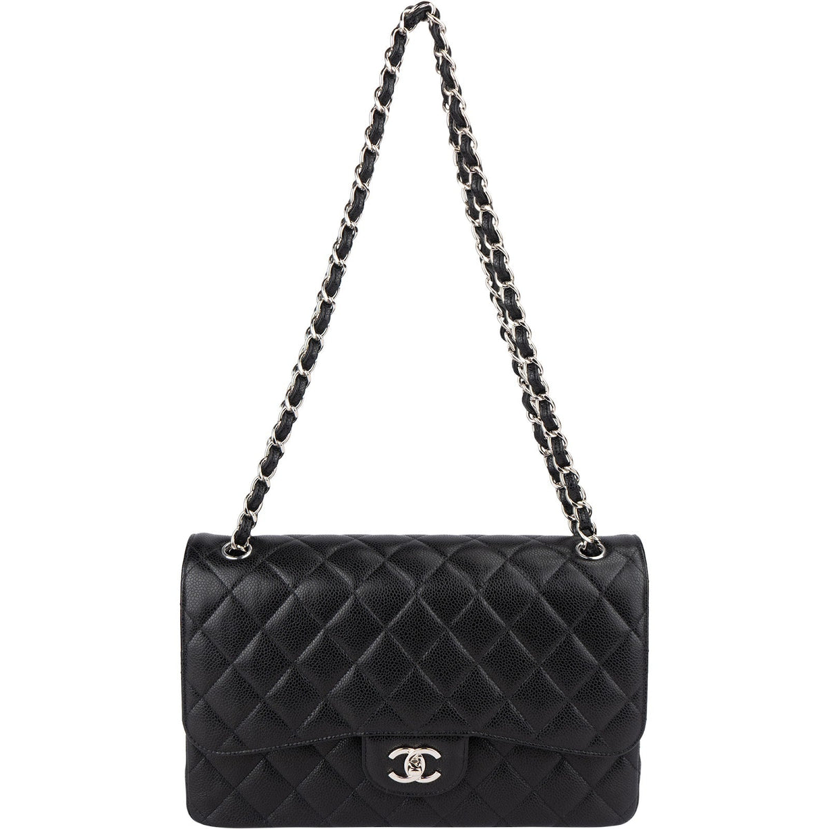 Chanel Quilted Caviar Leather Palladium Double Flap Jumbo Crossbody Bag