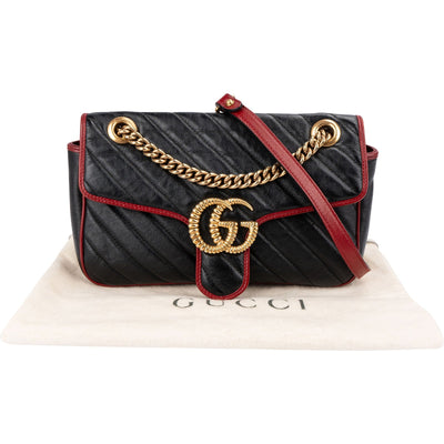 Gucci Black Matelassé Leather Red Edges GG Marmont Crossbody Bag