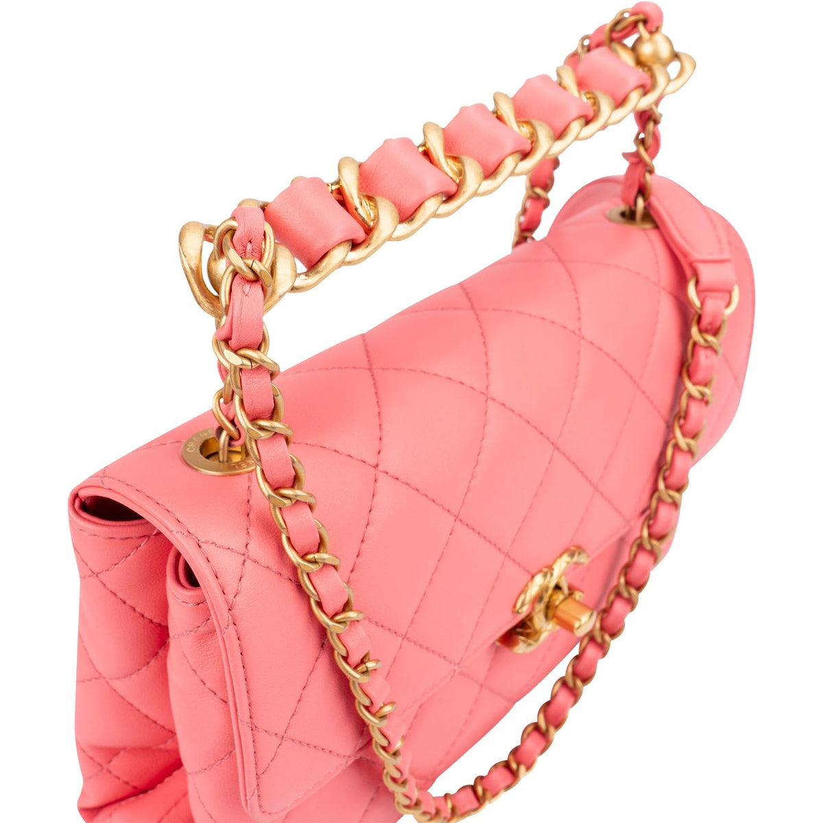 Chanel Pink Leather Quilted Lambskin Top Handle Single Flap Crossbody Bag