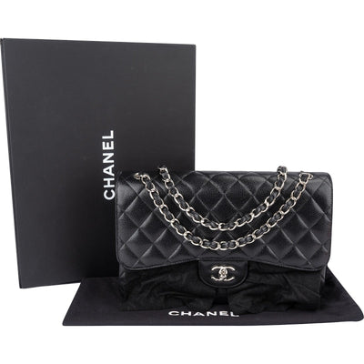 Chanel Quilted Caviar Leather Palladium Jumbo Double Flap Crossbody Bag