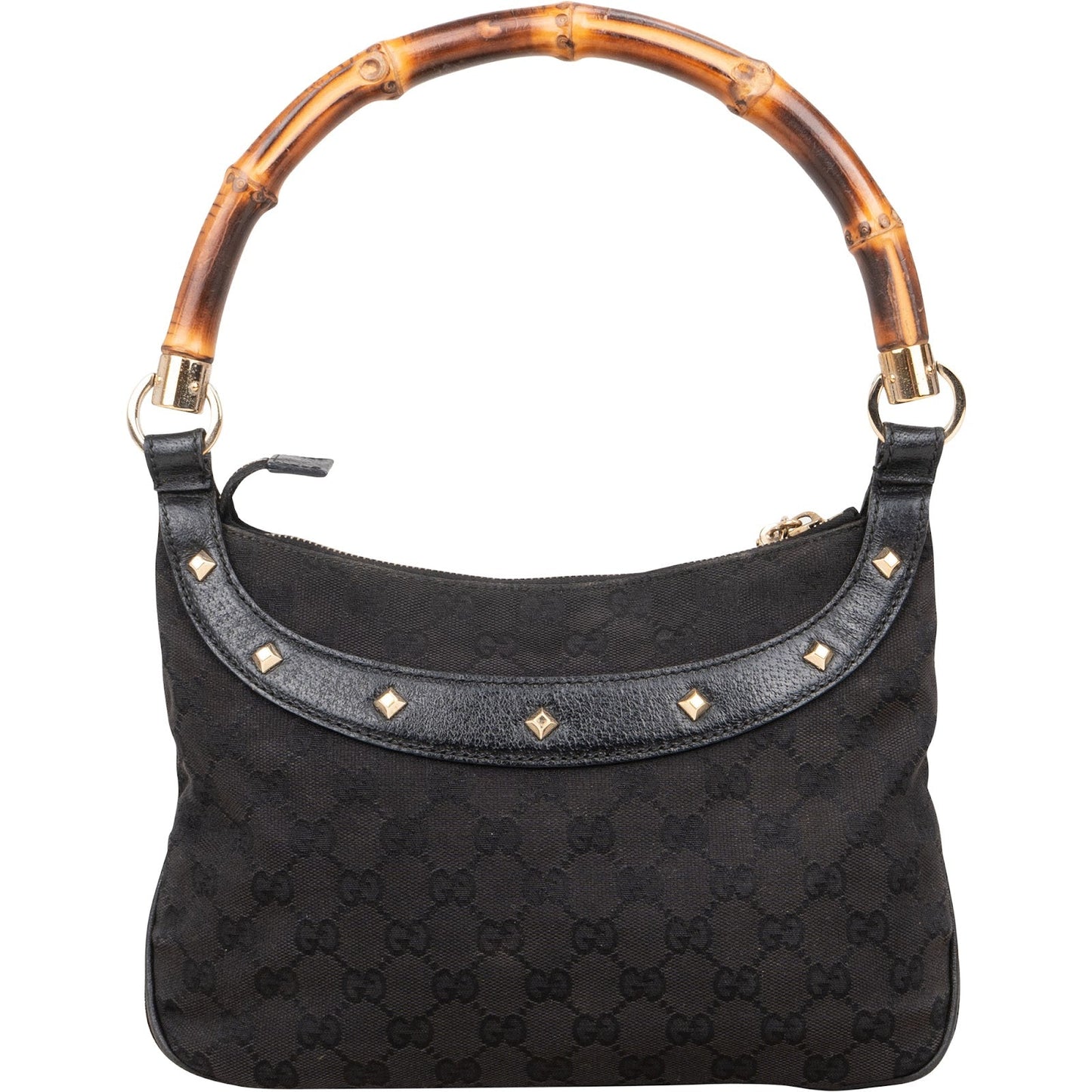 Gucci Black Monogram  GG  Bamboo Studded Hobo Handbag
