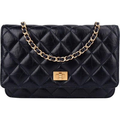 Chanel Quilted Crinkled Navy Lambskin 2.55 Reissue Wallet On Chain Crossbody Bag
