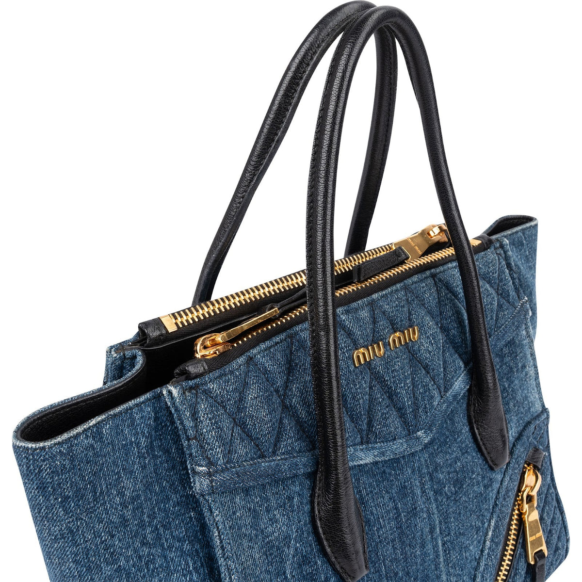 Miu Miu Biker Tote aus gestepptem Denim – Ansicht 2