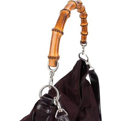 Gucci Leather Nylon Bamboo Top Handle Hobo Shoulder Bag