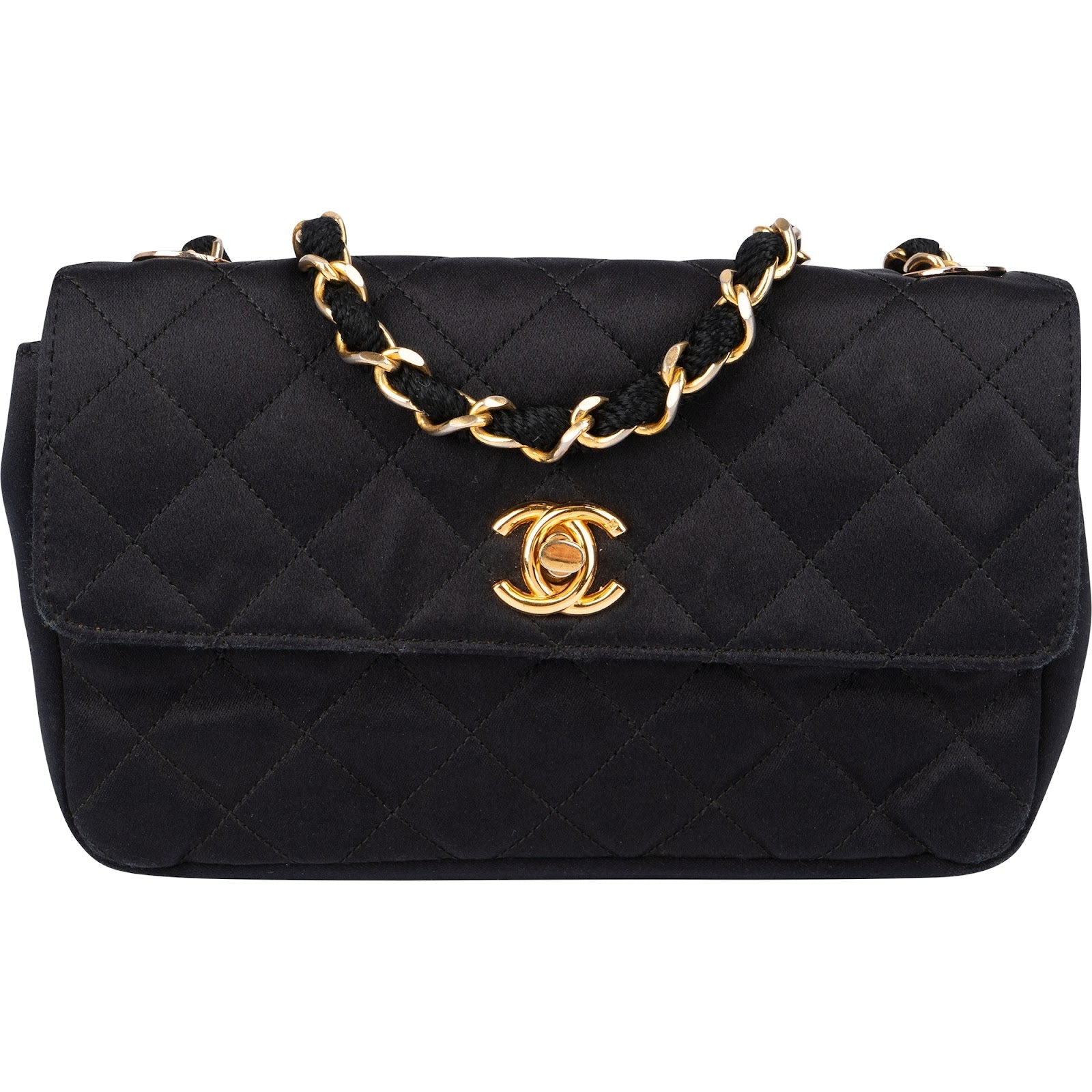 Chanel Black Quilted Satin 24K Gold Mini Single Flap Crossbody Bag