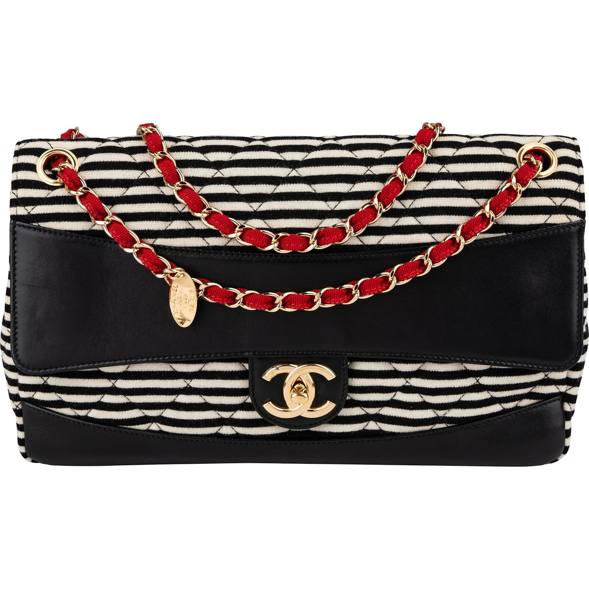 Chanel Striped Cotton Leather Single Flap Crossbody Bag