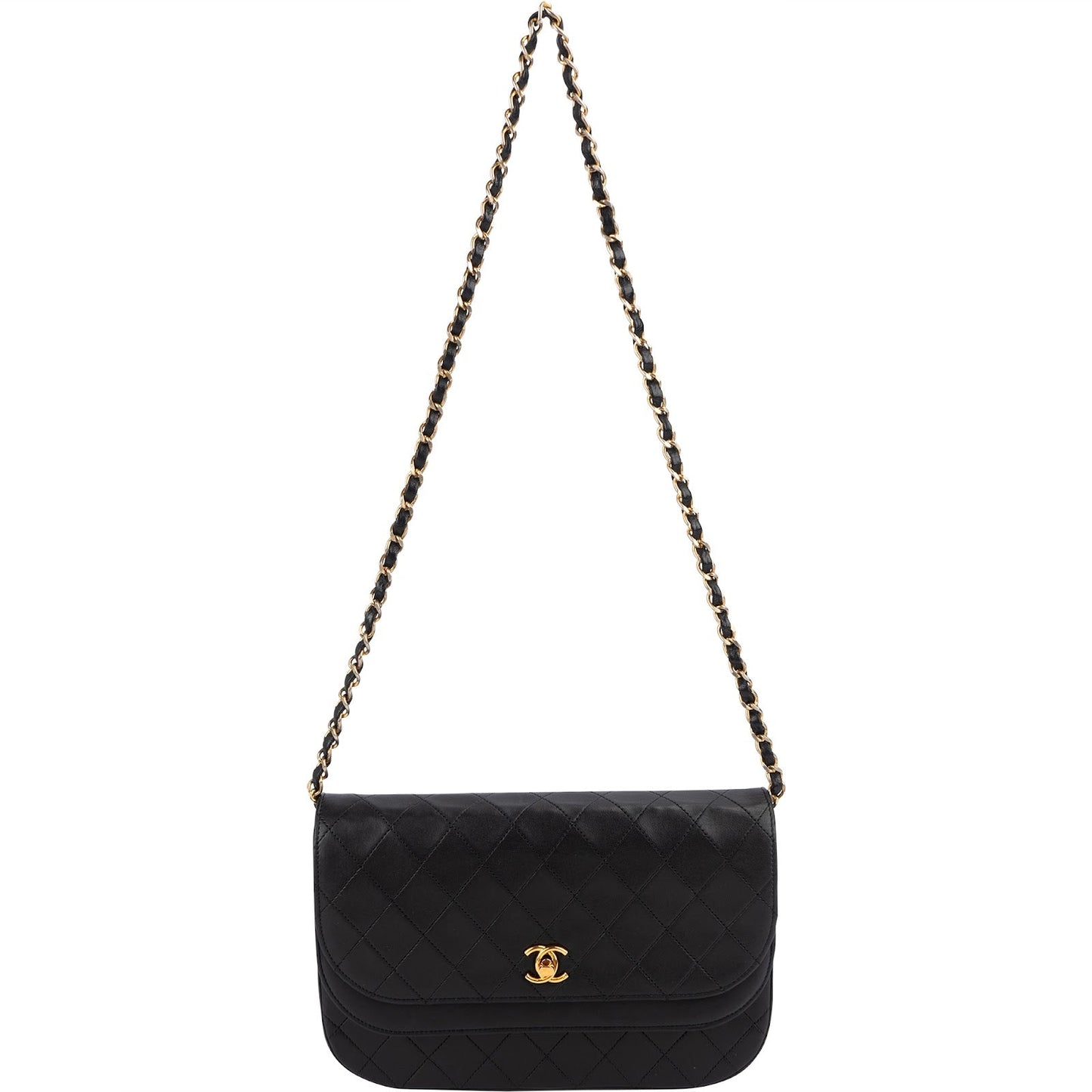 Chanel Quilted Lambskin Half Moon 24K Gold Double Flap Shoulder Bag