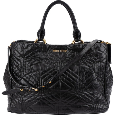 Miu Miu Black Matelassé Nappa Leather Tote Handbag