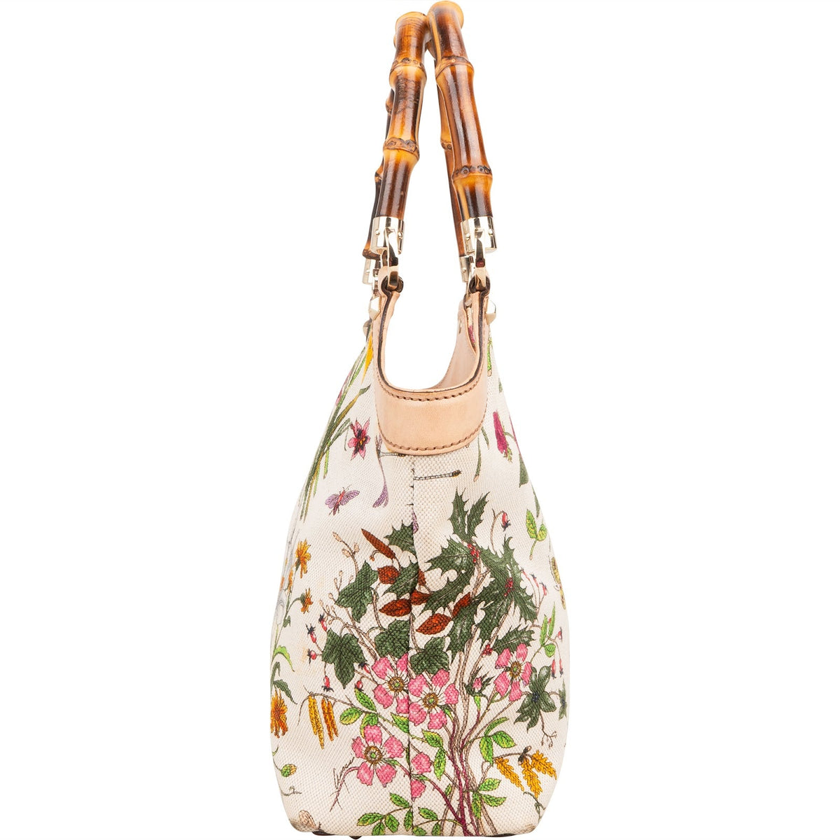 Gucci Floral Print Canvas Bamboo Handle Tote Shoulder Bag