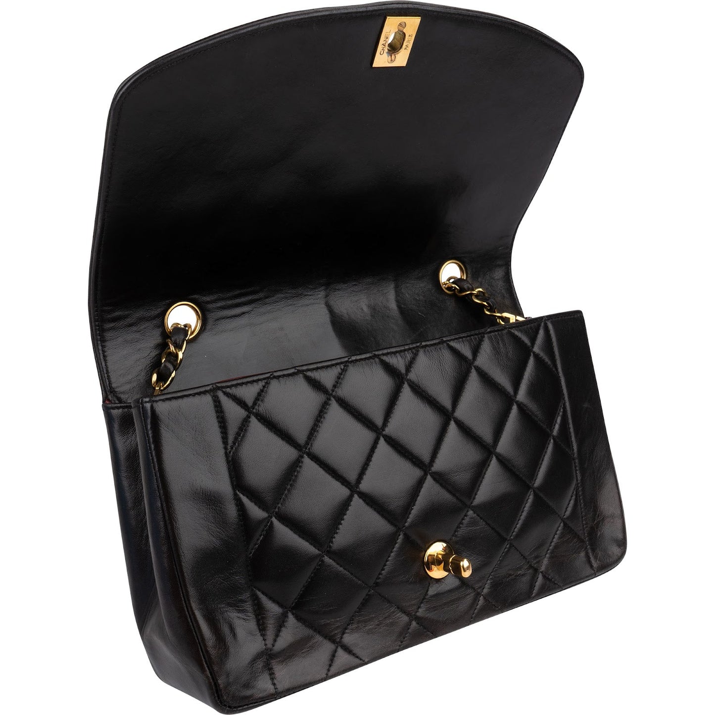 Chanel Quilted Lambskin 24K Gold Medium Diana Single Flap Crossbody Bag