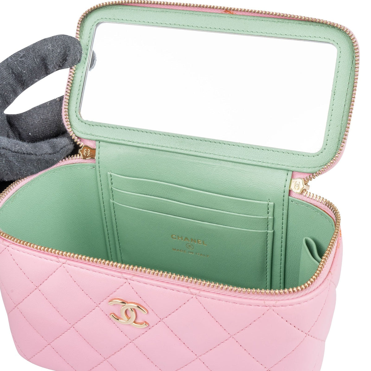 Chanel Pink Green Bicolor Quilted Lambskin Top Handle Vanity Case Crossbody Handbag