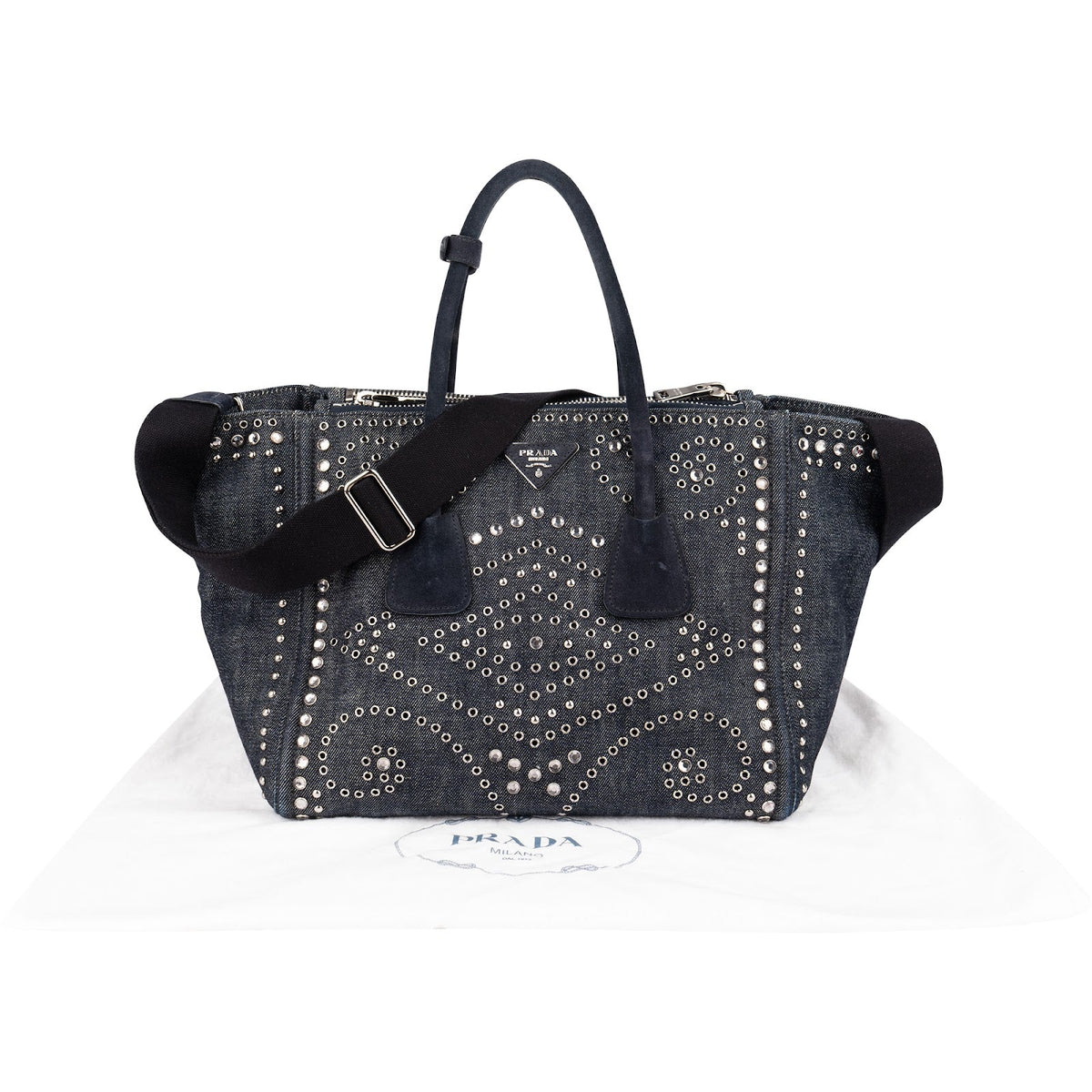 Prada Shopper aus perforiertem Denim mit Nieten – Ansicht 2