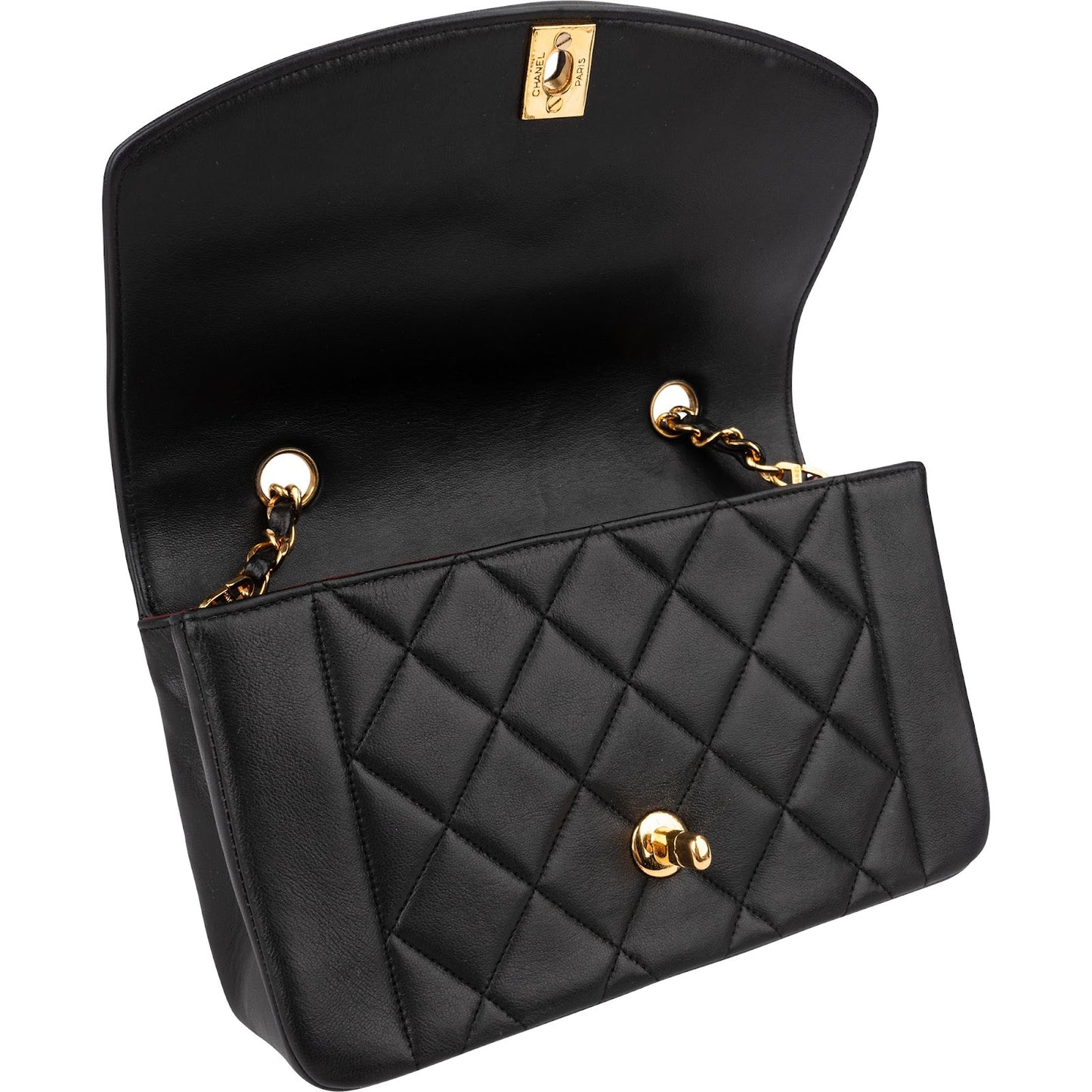 Chanel Quilted Lambskin Diana 24K Gold Single Flap Crossbody Bag