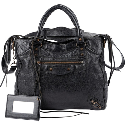 Balenciaga Black Arena Leather City Tote Handbag